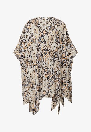 Leichter Kimono in Creme, Braun und Schwarz mit geometrischen Mustern, hat offene Seiten und eine legere Silhouette. Mit Bindebändern vorne.
