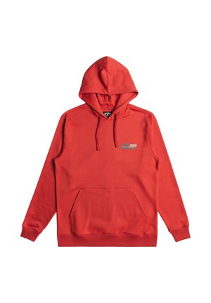Red hooded sweatshirt made of cotton, featuring a front kangaroo pocket, ribbed cuffs, and a small logo detail on the chest.