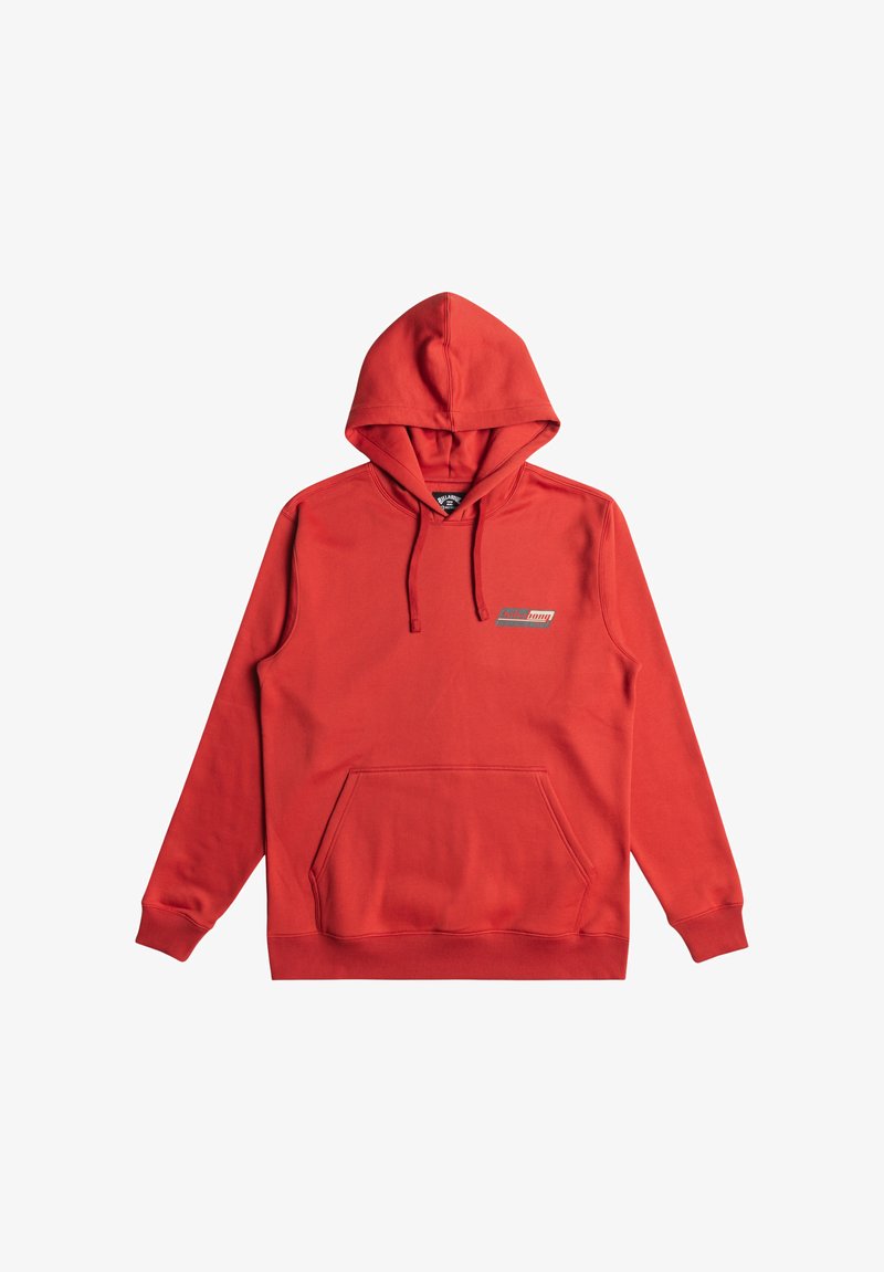 Sweatshirt à capuche rouge en coton, avec une poche kangourou à l'avant, des bords côtes aux poignets et un petit logo sur la poitrine.