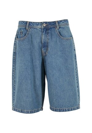 Denim shorts in faded blue, featuring a classic five-pocket design, front button closure, and stitched hem. Smooth texture with medium weight.