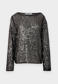 Haut noir à manches longues avec sequins, coupe ample, encolure ronde et texture scintillante. Le tissu est entièrement recouvert de sequins réfléchissants.