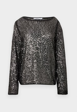 Czarna, długorękawowa bluzka z cekinami o luźnym kroju, okrągłym dekolcie i połyskującej fakturze. Tkanina jest całkowicie pokryta refleksyjnymi cekinami.