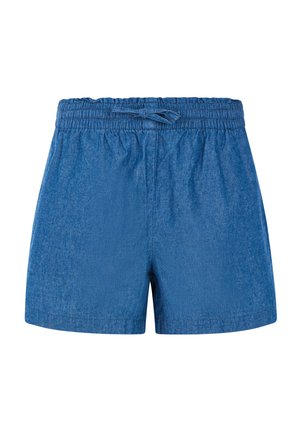 Pantaloni shorts in denim blu con vita elastica e cordoncino. Caratterizzati da un tessuto testurizzato e un taglio dritto. Senza tasche né decorazioni.
