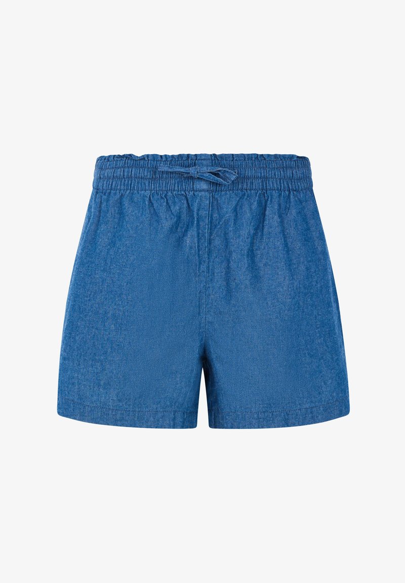 Siniset farkkushortsit, joissa on joustava vyötärö ja nyöri. Ominaisuuksiin kuuluu teksturoitu kangas ja suora leikkaus. Ei taskuja tai koristeita.