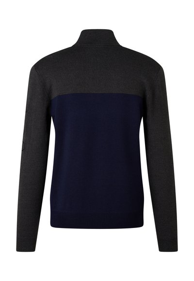 Strickpullover in Dunkelgrau und Marine, mit hohem Kragen und langen Ärmeln. Verfügt über eine glatte Textur und ein Farbblockdesign.