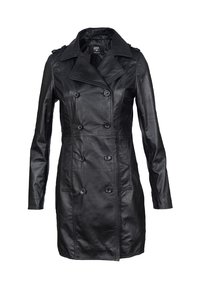 Cappotto trench in pelle nera con bottoni doppi, ampio colletto, maniche lunghe e tasche laterali. Texture liscia e vestibilità su misura.