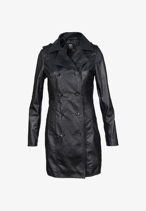 Zwarte leren trenchcoat met dubbele knopen, brede kraag, lange mouwen en zijzakken. Glad textuur en nauwsluitende pasvorm.