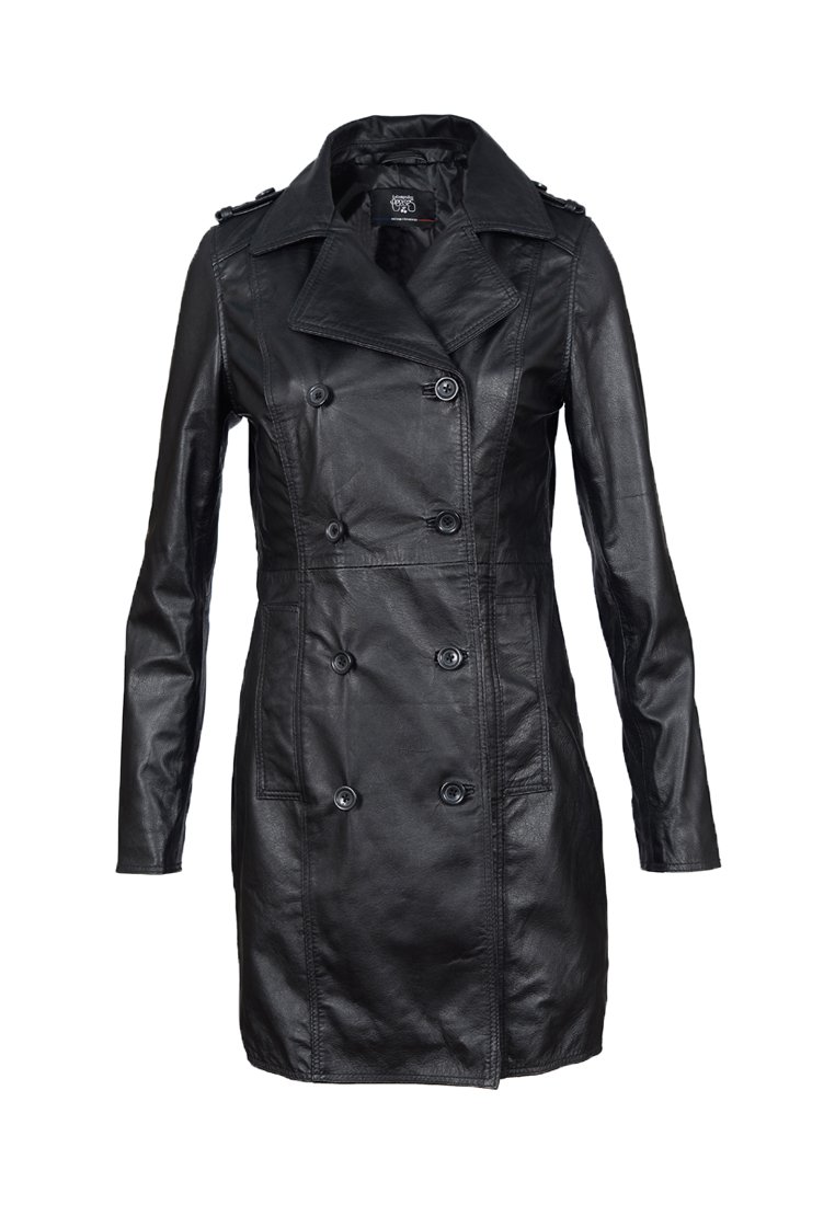 Cappotto trench in pelle nera con bottoni doppi, ampio colletto, maniche lunghe e tasche laterali. Texture liscia e vestibilità su misura.