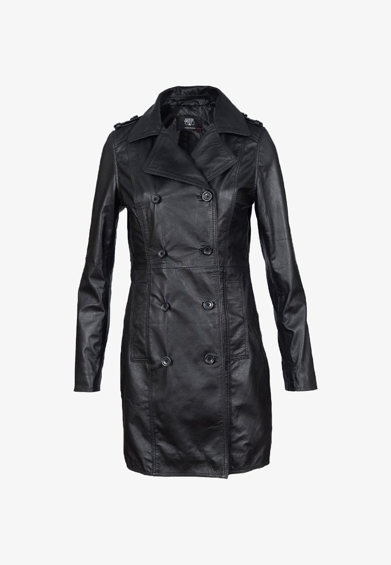 Cappotto trench in pelle nera con bottoni doppi, ampio colletto, maniche lunghe e tasche laterali. Texture liscia e vestibilità su misura.