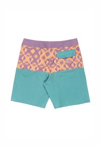 Plavky s fialovo-oranžovým listovým vzorom navrchu a jednofarebnou tyrkysovou látkou dole. Obsahujú zadnú vrecko s tyrkysovým klopom.