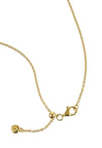 Zlati kovinski verižica z zaponko v obliki jastreba, majhno okroglo okrasje in drobnim povezovalnim dizajnom. Gladka tekstura s poliranim zaključkom.