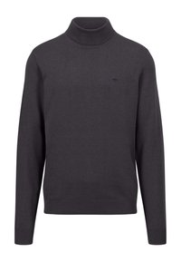 Dunkelgrauer Rollkragenpullover aus glattem Stoff. Verfügt über lange Ärmel, gerippte Bündchen und Saum sowie ein dezentes Logo auf der Brust.
