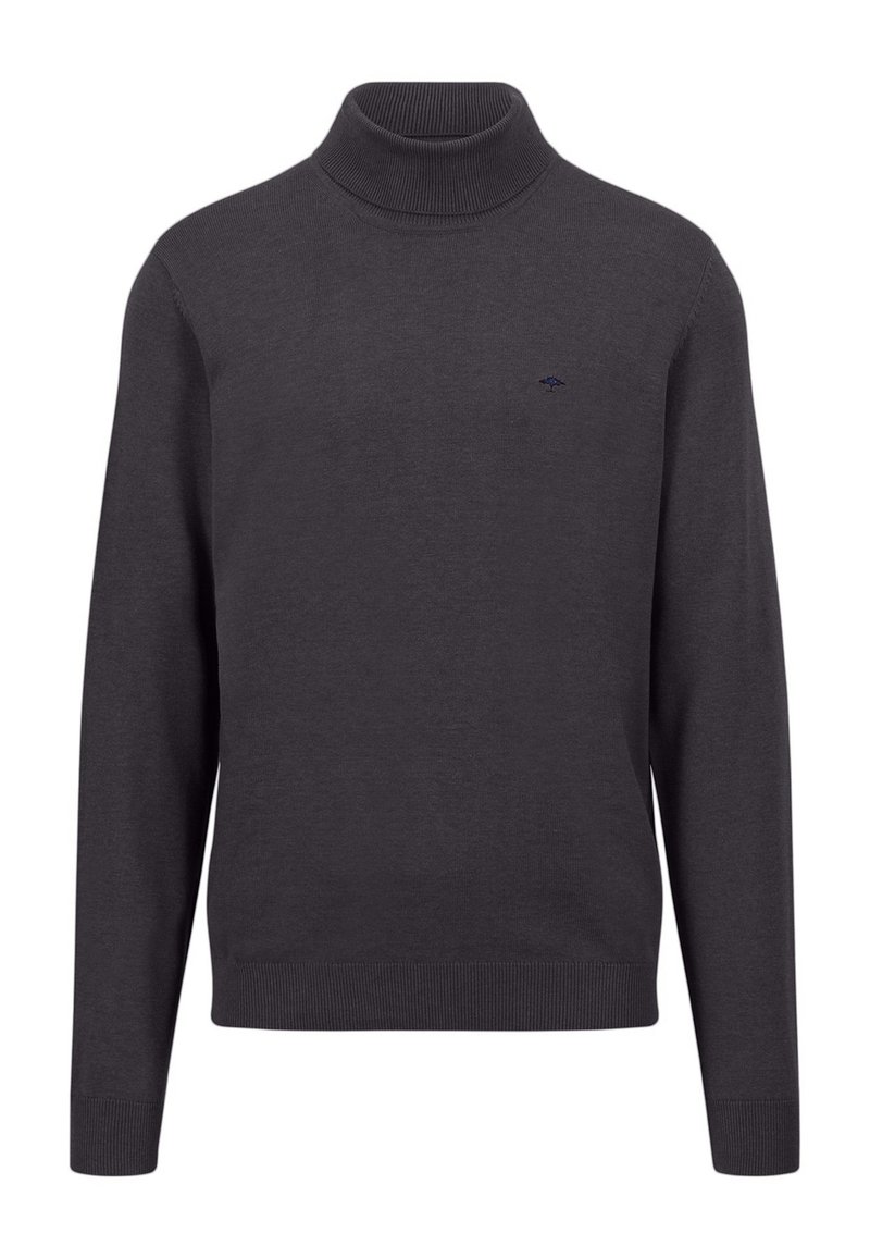 Dunkelgrauer Rollkragenpullover aus glattem Stoff. Verfügt über lange Ärmel, gerippte Bündchen und Saum sowie ein dezentes Logo auf der Brust.