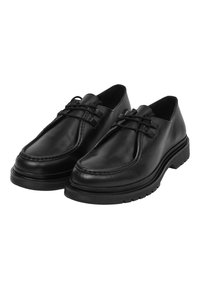 Schwarze Lederschuhe mit gesticktem Design, runder Toe und niedrigem, massiven Absatz. Verfügt über dekorative Schnürsenkel an der Vorderseite.
