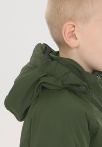 Groene hoodie met een gladde textuur, voorzien van een strakke capuchon, knoopsluitingen en een hoge kraag voor extra warmte.