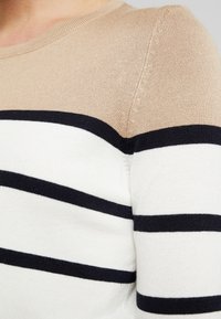 Pull tricoté avec un haut beige orné de rayures horizontales blanches et bleu marine. Encolure arrondie et tissu texturé avec des détails de coutures.