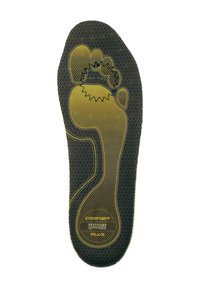 Black insole with textured surface, featuring a yellow footprint outline and branding. Designed for comfort and support in footwear.