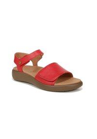 Red leather sandal with two wide straps, cushioned insole, and a low brown rubber sole. Adjustable ankle strap for a secure fit.