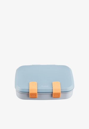 Rectangular lunch box; light blue plastic with two orange clips; smooth texture; labeled “Sterntaler” on the lid; compact design.