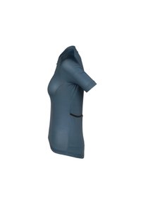 Short-sleeve, dark teal athletic shirt with a fitted design, textured fabric, and a black pocket accent on the side.