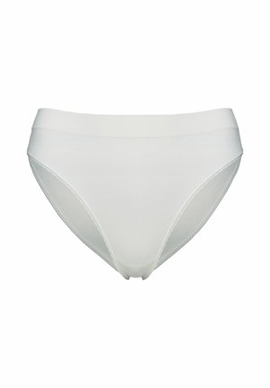 Białe damskie majtki bezszwowe z szerokim pasem i subtelnymi przeszyciami, prezentowane na białym tle.