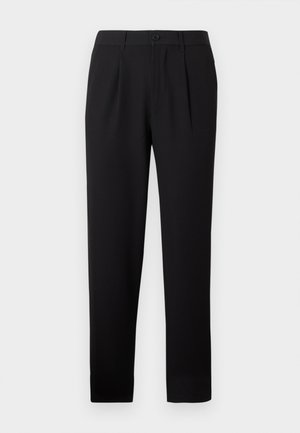 Pantaloni neri realizzati in un tessuto liscio, con una piega frontale, chiusura con un singolo bottone e un design a gamba dritta. Senza motivi o accenti visibili.