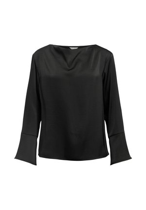 Top nero a maniche lunghe realizzato in tessuto morbido, con scollatura a barca e polsini a campana per una vestibilità rilassata e una silhouette drappeggiata.