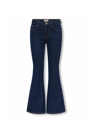 Mørkeblå denimjeans med høj talje, vidde ben, knap- og lynlåslukning foran samt synlige forlommer.
