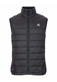 Black padded vest with a high collar, front zipper, and horizontal stitching. Features a logo on the chest and a simple, smooth texture.