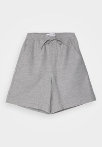 Pantaloni corti grigi realizzati in tessuto leggero, con vita elastica e coulisse, tasche laterali e una vestibilità comoda.