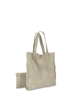 Beige suede tote bag with two handles and a small matching zippered pouch beside it on a white background.