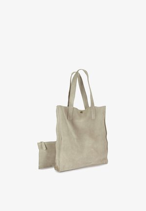 Beige suede tote bag with two handles and a small matching zippered pouch beside it on a white background.