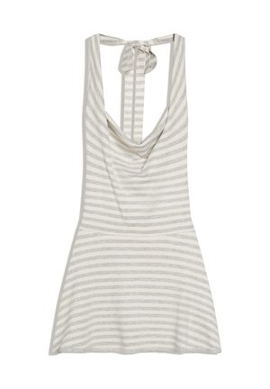 Rochie fără mâneci, cu dungi albe și gri deschis, cu guler halter, cu față drapată și închidere cu șnur la ceafă.