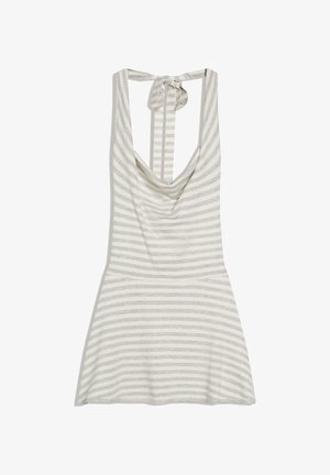 Rochie fără mâneci, cu dungi albe și gri deschis, cu guler halter, cu față drapată și închidere cu șnur la ceafă.