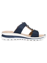 Marineblaue offene Sandale mit Zehenriemen, strukturierten Riemen, beige gepolsterte Innensohle und weiß-blauer Profilsohle, entworfen für lässigen Komfort.