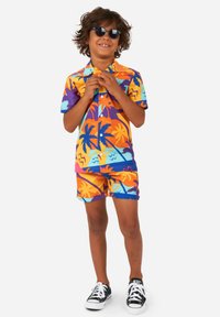 Kleurenset van een kortemouwen overhemd en shorts met levendige palmboom- en zigzagpatronen in oranje, blauw en paars, vervaardigd van lichtgewicht stof.