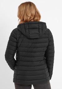 Black puffer jacket featuring a hood, quilted design, and down filling. The surface is smooth with vertical sections and spacious fit.