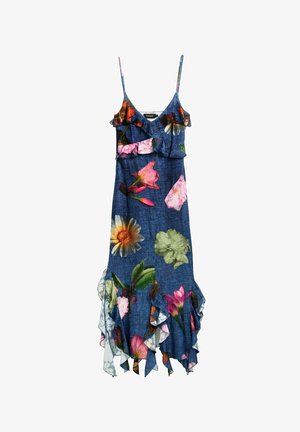 Abito in denim con stampa floreale nei toni del rosa, giallo e verde. Presenta spalline a spaghetti e dettagli arricciati lungo l'orlo e il décolleté.