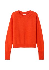Pull-over orange vif à manches longues avec col rond, poignets et ourlet côtelés, en tissu tricoté doux.