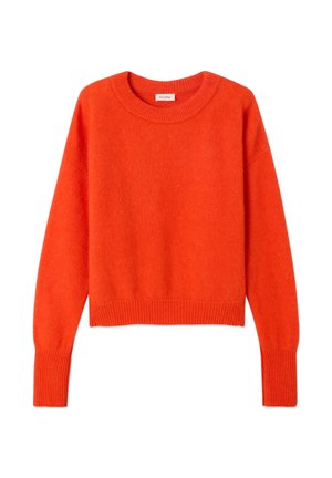 Spilgti oranža garroku džemperis ar apaļu kaklu, ribotām aprocēm un apakšu, izgatavots no mīksta adīta auduma.