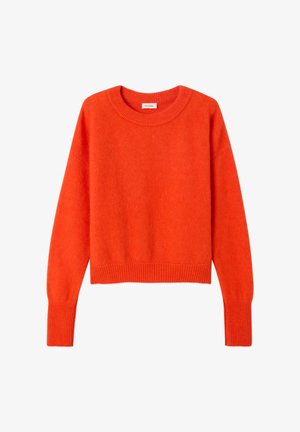 Helder oranje trui met lange mouwen en ronde hals, voorzien van geribbelde manchetten en zoom, gemaakt van zachte gebreide stof.