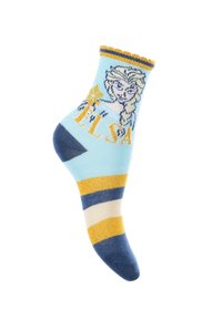 Calcetín de tobillo azul claro con un gráfico de un personaje y el texto "ELSA", acentuado con rayas amarillas y marinas. Fabricado con tela suave.