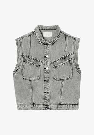 Veste sans manches en denim gris avec fermeture à boutons sur le devant, deux poches poitrine et un col replié, étiquette "PROMOD" à l'intérieur du col.