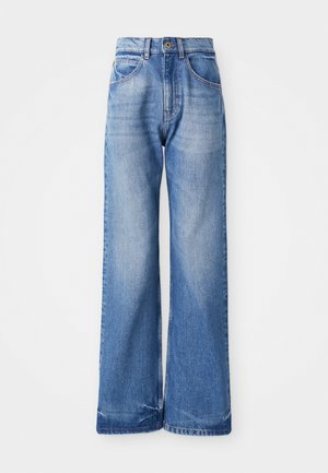 Light blue wide-leg jeans made of denim, featuring a high waist, five pockets, and subtle whiskering at the front for texture.