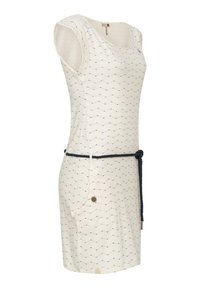 Kurzärmliges Kleid in Creme mit einem wellenförmigen Muster, Rundhalsausschnitt, Seitentaschen und einem blauen Seilgürtel mit einem Holzknopf-Akzent.