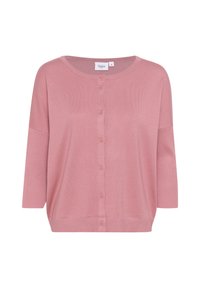 Light pink cardigan made of soft, ribbed fabric, featuring a round neckline, long sleeves, and six front buttons for closure.