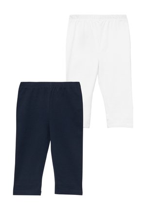 Zwei Paar Kinder-Leggings, eine schwarz und eine weiß, beide mit elastischem Bund und gekürzten Beinen.