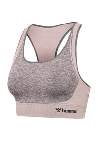 Sportbeha in lichtroze en grijs. Zacht, rekbaar materiaal met een racerback-ontwerp. Heeft een textuurstof en een contrasterend logo op de band.