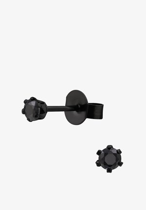 Black stud earring featuring a faceted black crystal set in a black metal base. Circular design with prong accents.