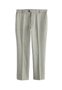 Light gray trousers with a textured fabric, straight leg design, belt loops, a button closure, and front pockets.